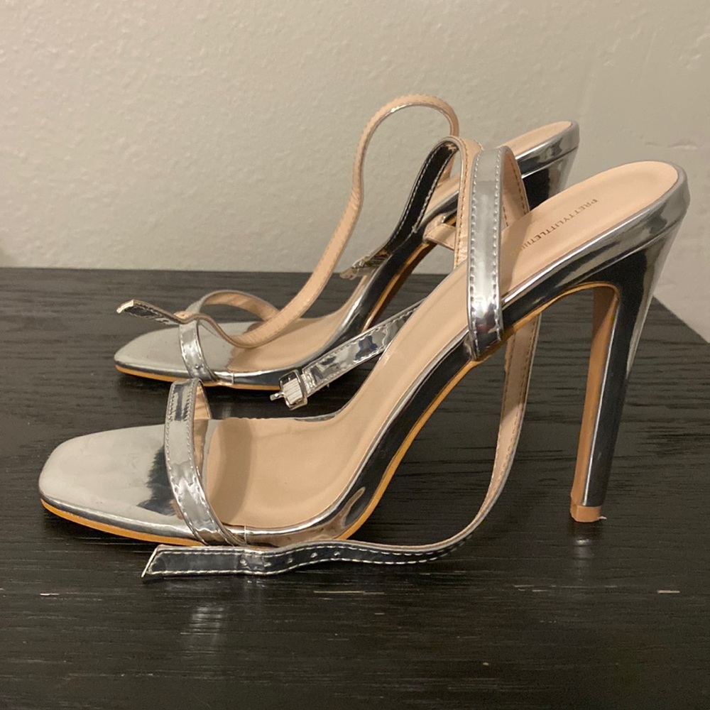 Silver square open toe strappy high heels